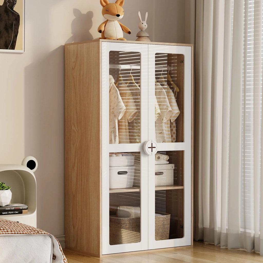 Scaffale a 2 moduli con ante in acrilico e barra appendiabiti regolabile in MDF bianco e naturale 80 × 50 × 150 cm