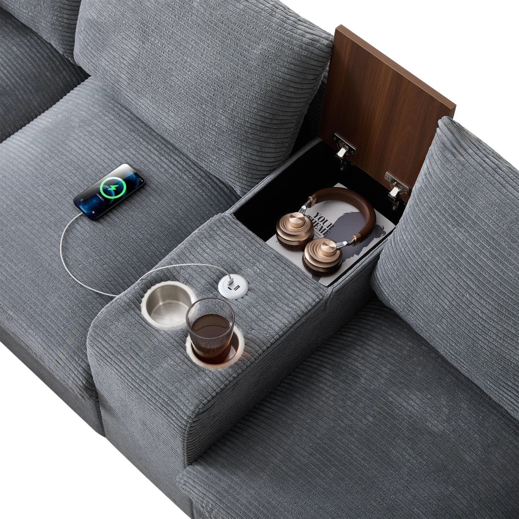 Divano angolare modulare 4 posti con consolle, porte USB, portabicchieri, tasche, in velluto a coste, grigio