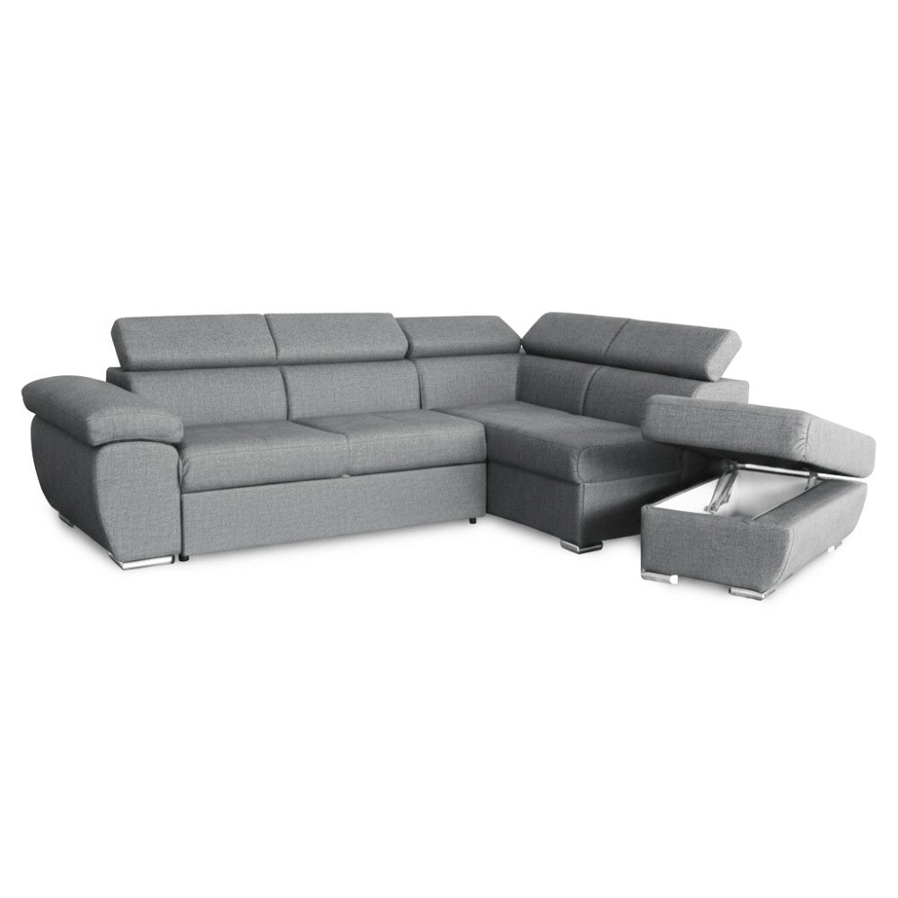 Divano Letto Angolare Fiona con Penisola Destra e Pouf Contenitore – Grigio