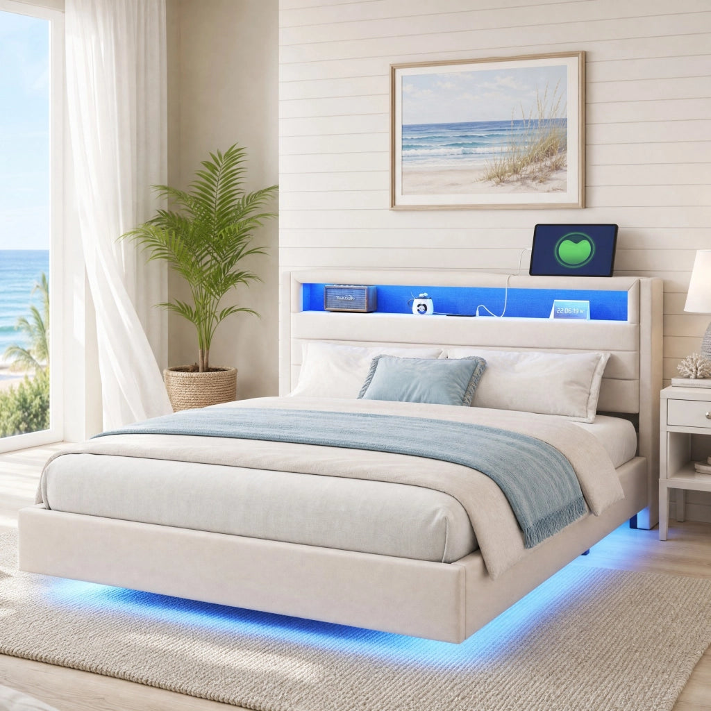 Letto imbottito 140x200 beige con LED, USB e testiera girevole