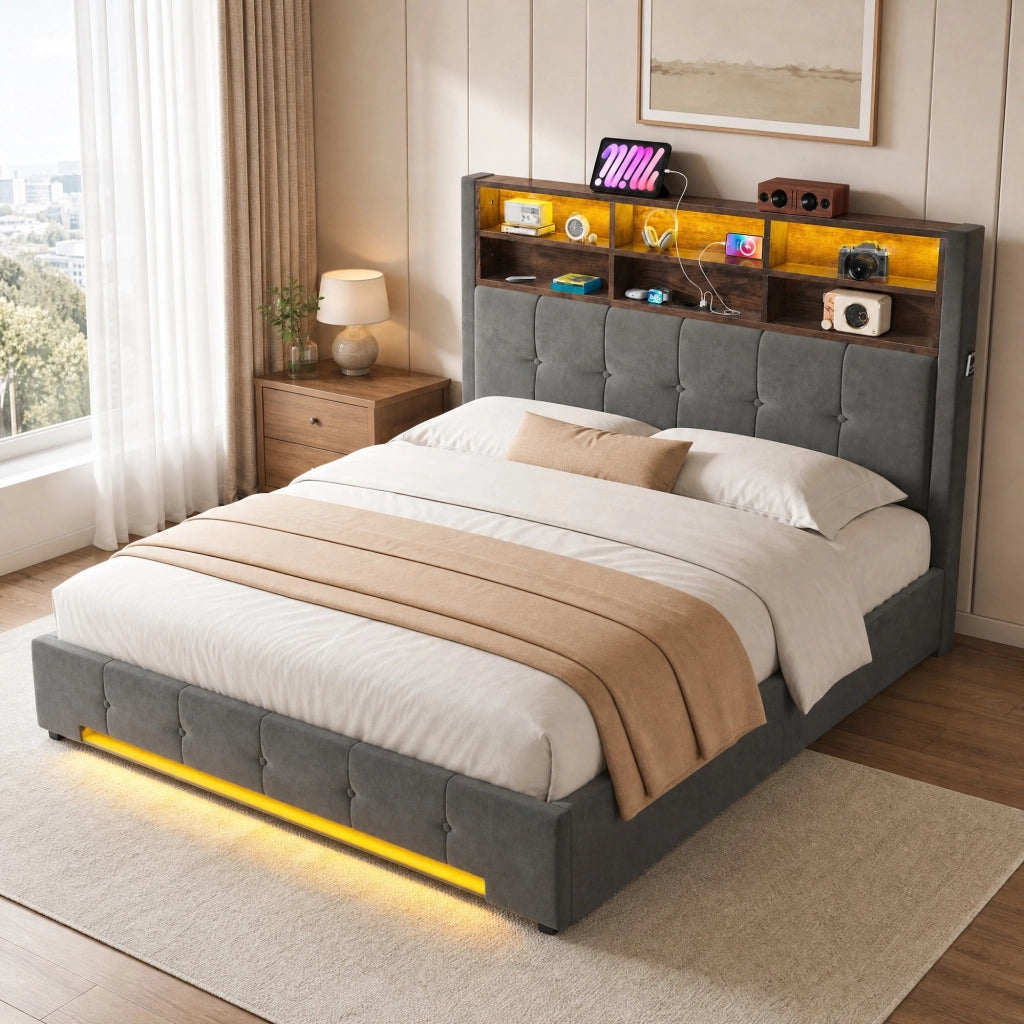 LETTO Contenitore 160x200 cm in velluto grigio scuro con LED e USB-C