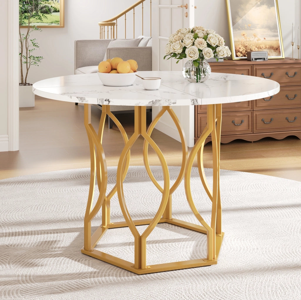 Tavolo da pranzo 100x100x76 cm con piedini regolabili in MDF e metallo dorato e bianco