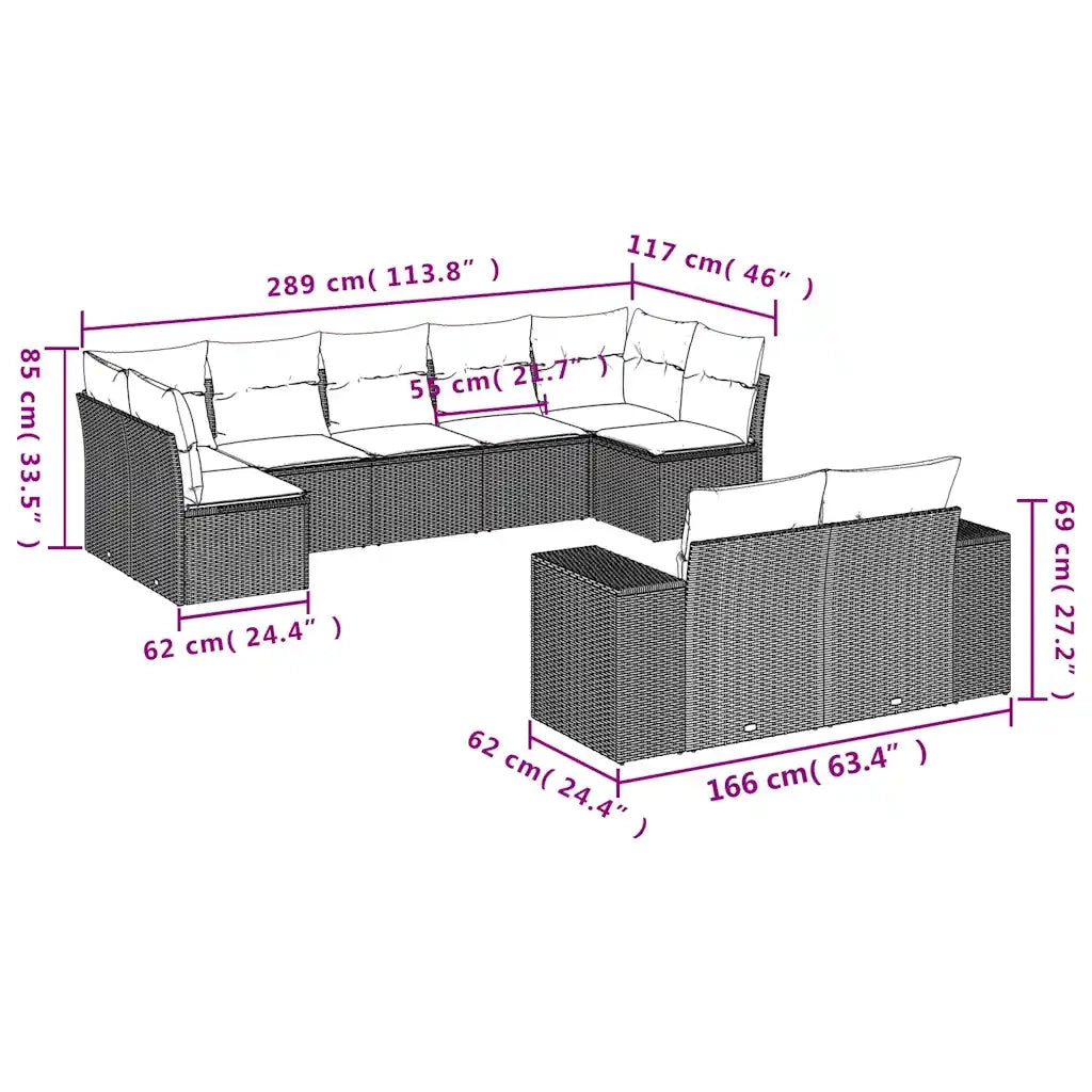 Set Divani da Giardino 9pz con Cuscini Marrone in Polyrattan 3255360