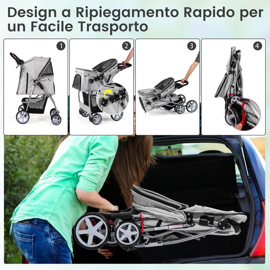 Passeggino per Cani, Carrozzina per Cani Pieghevole Fino a 15 kg, 4 Ruote con Finestra a Rete Porta Bicchiere e Cesto, Passeggino Portatile per Animali Piccola e Media (Grigio)