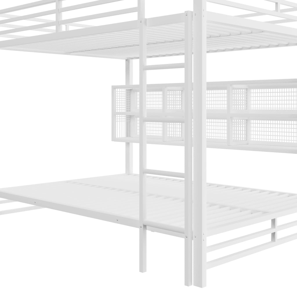 Letto a castello 140 × 200 cm con 6 armadietti, LED regolabile e ripiano, senza materasso, in metallo, bianco