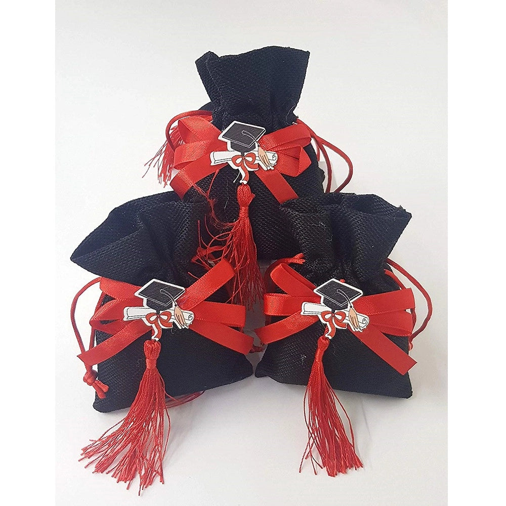 Trade Shop - Set 12pz Sacchetto Nero Laurea Juta 10x12cm Bomboniera Bomboniere Porta Confetti -
