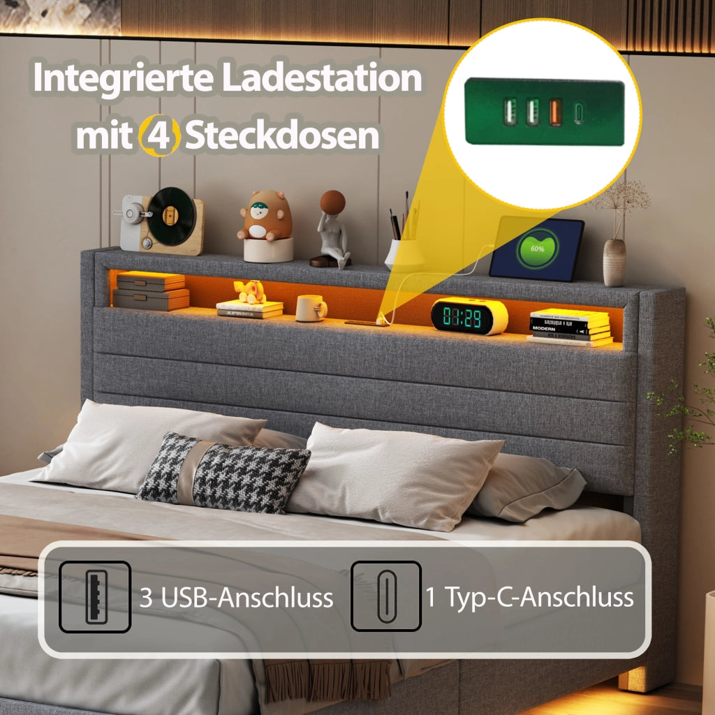 LETTO Contenitore Idraulico 160x200 cm Tessuto Grigio con USB e LED