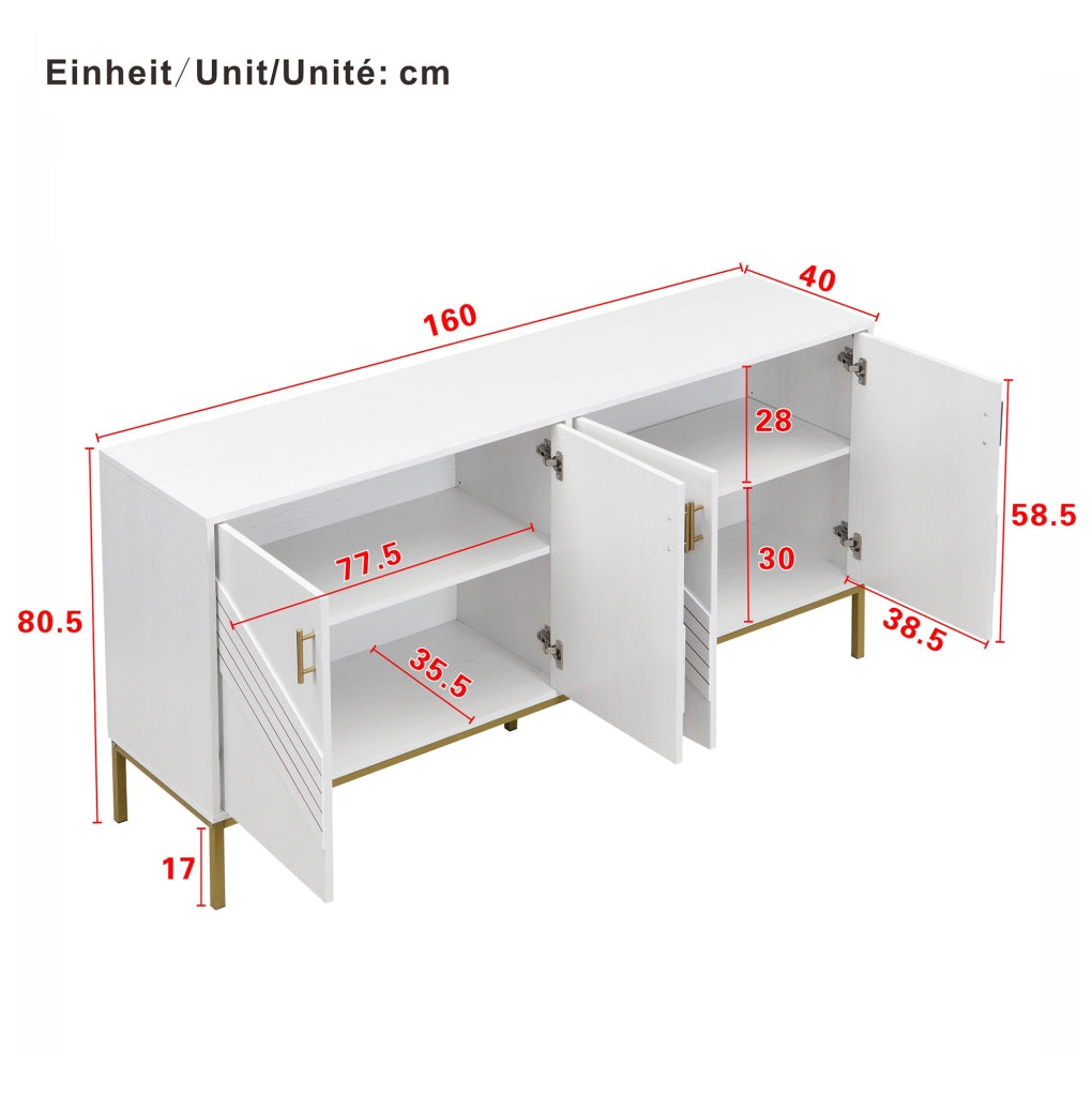 Credenza 160x40x80,5 cm bianca in MDF, 4 ante e ripiani regolabili