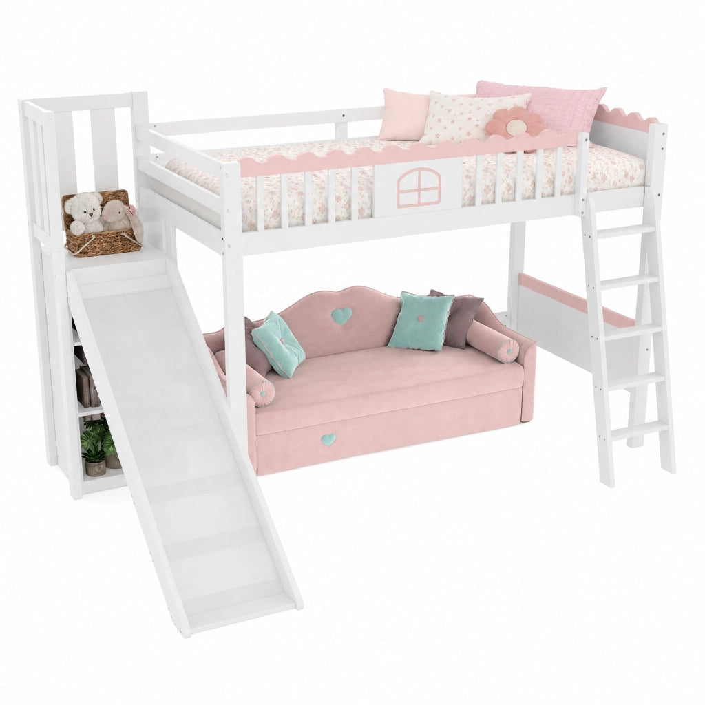 Letto a soppalco per bambini 90x200 cm con scivolo e LED