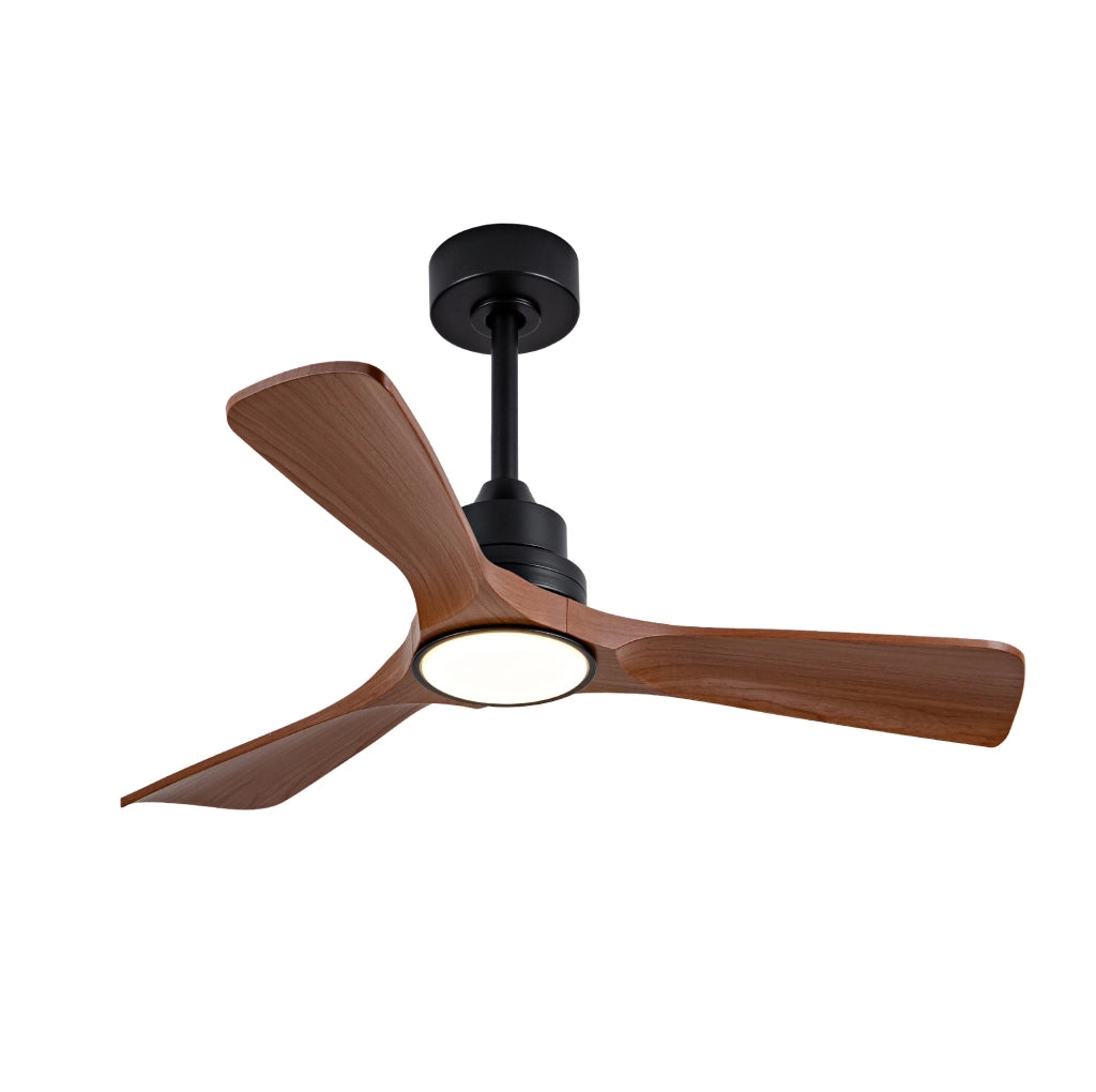 Ventilatore da soffitto con luce LED integrata; motore DC reversibile; ABS; nero e noce scuro