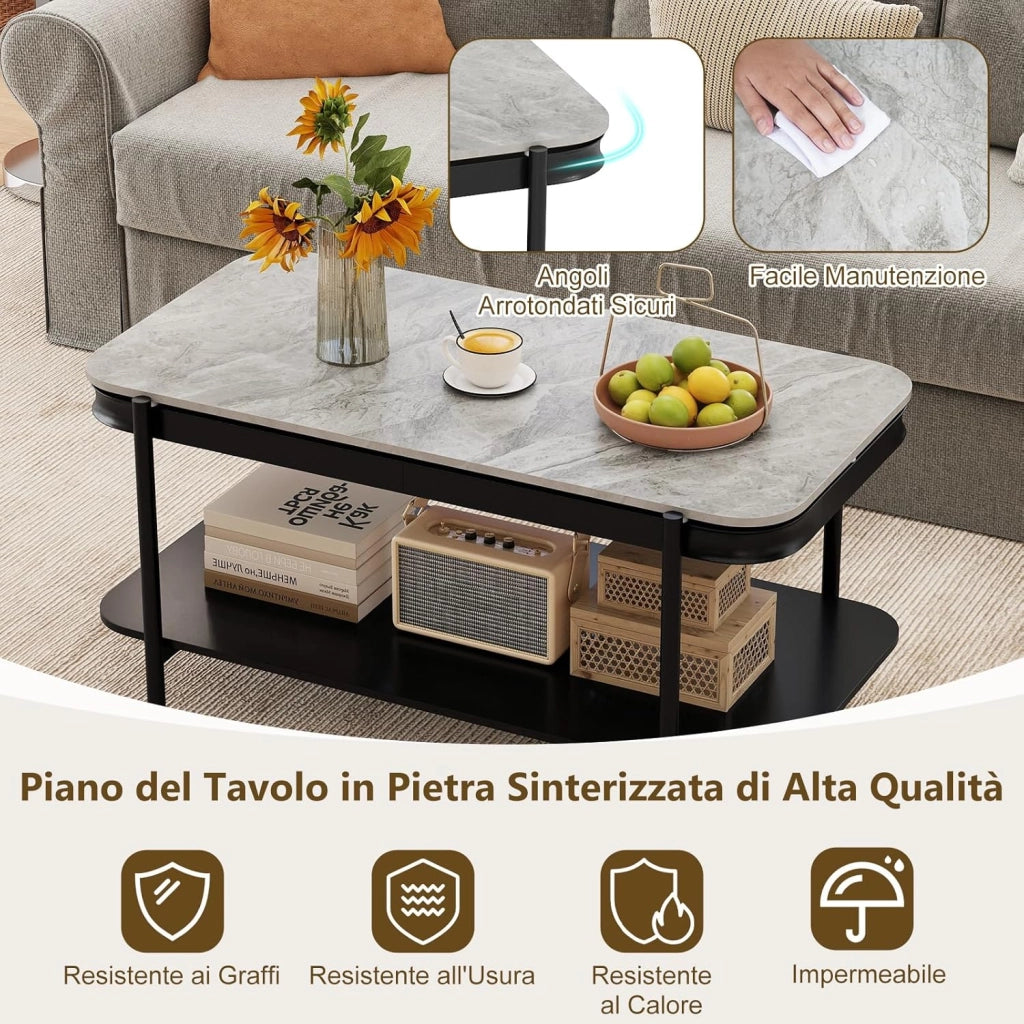 Tavolino da Salotto Moderno, Tavolo Centrale Rettangolare a 2 Livelli con Piano in Pietra Sinterizzata, Ripiano e Struttura in Metallo per Soggiorno e Ufficio (Grigio e Nero)