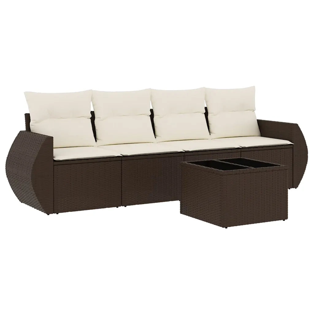 Set Divano da Giardino 5 pz | Set Salotto da Giardino con Cuscini Marrone in Polyrattan
