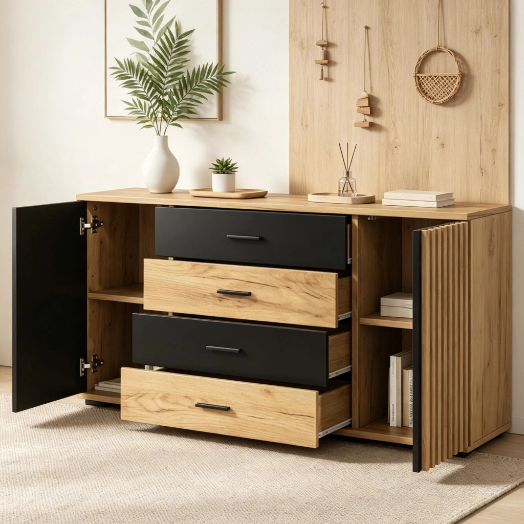 Madia 140 cm in MDF con 4 cassetti e 2 ante
