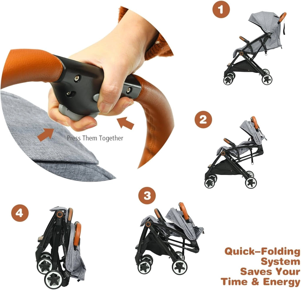 Passeggino Pighevole per Bmabini, Passeggino con Schienale e Poggiapiedi Regolabili, Passeggino Leggero Portata 15 kg, con Cappottina e Zanzariera, per Bambini 0-3 Anni (Grigio)