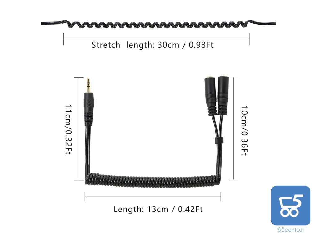 Cavo a spirale per cuffie stereo da 3,5 mm (non microfono) a 2 femmine Splitter a Y