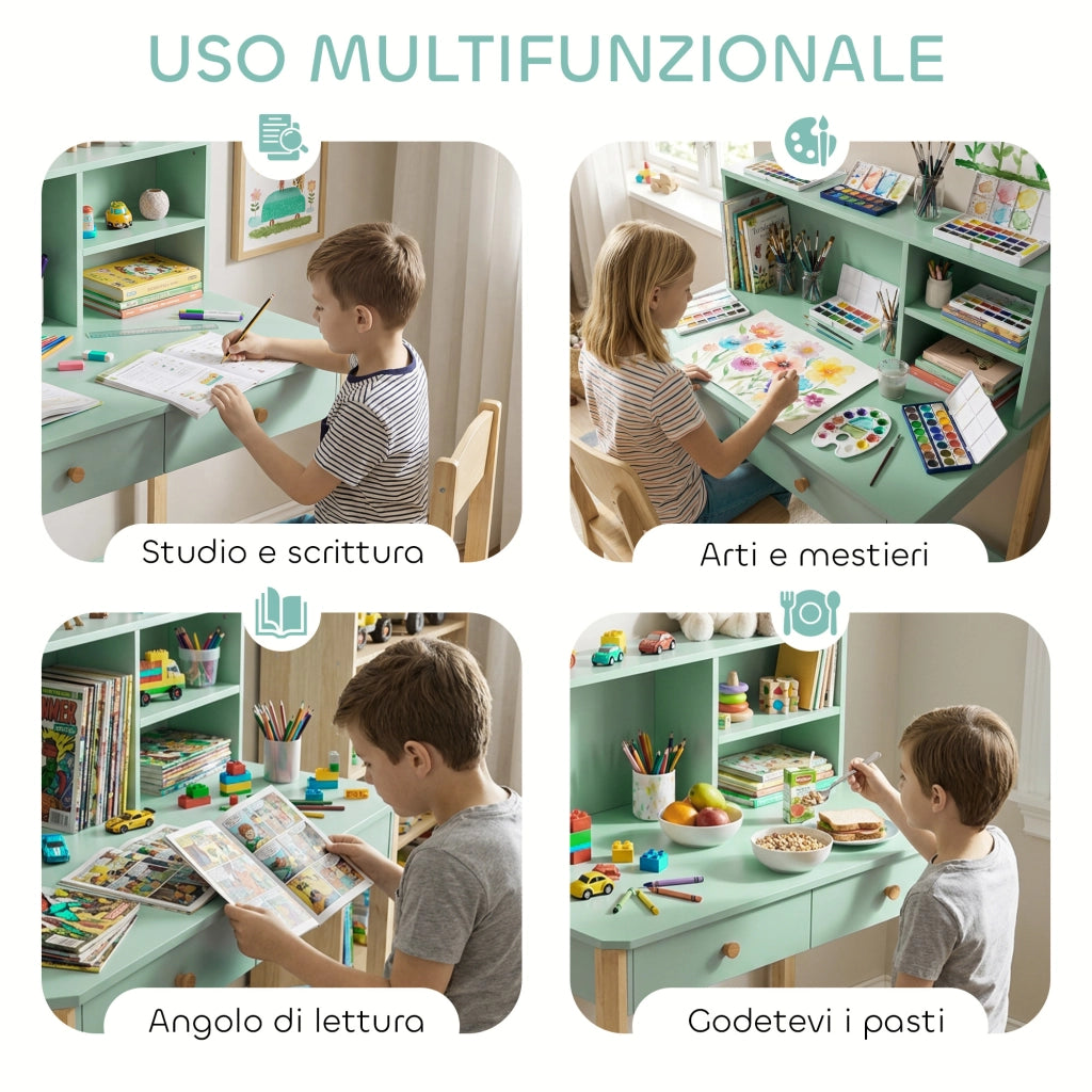 Scrivania per Bambini con 3 Ripiani e 2 Cassetti ¨C zephmum ¨C Legno, Verde, 90x52x105 cm