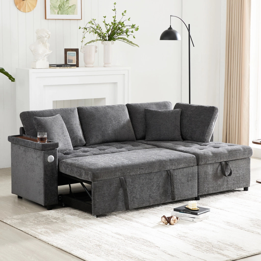 Divano angolare a destra in chenille con letto estraibile; contenitore; USB e portabicchieri; grigio scuro