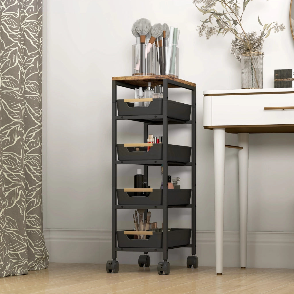 Carro da cucina con cassetti e ruote ¨C Zephmum ¨C Nero eff. legno 39.5x24x82 cm
