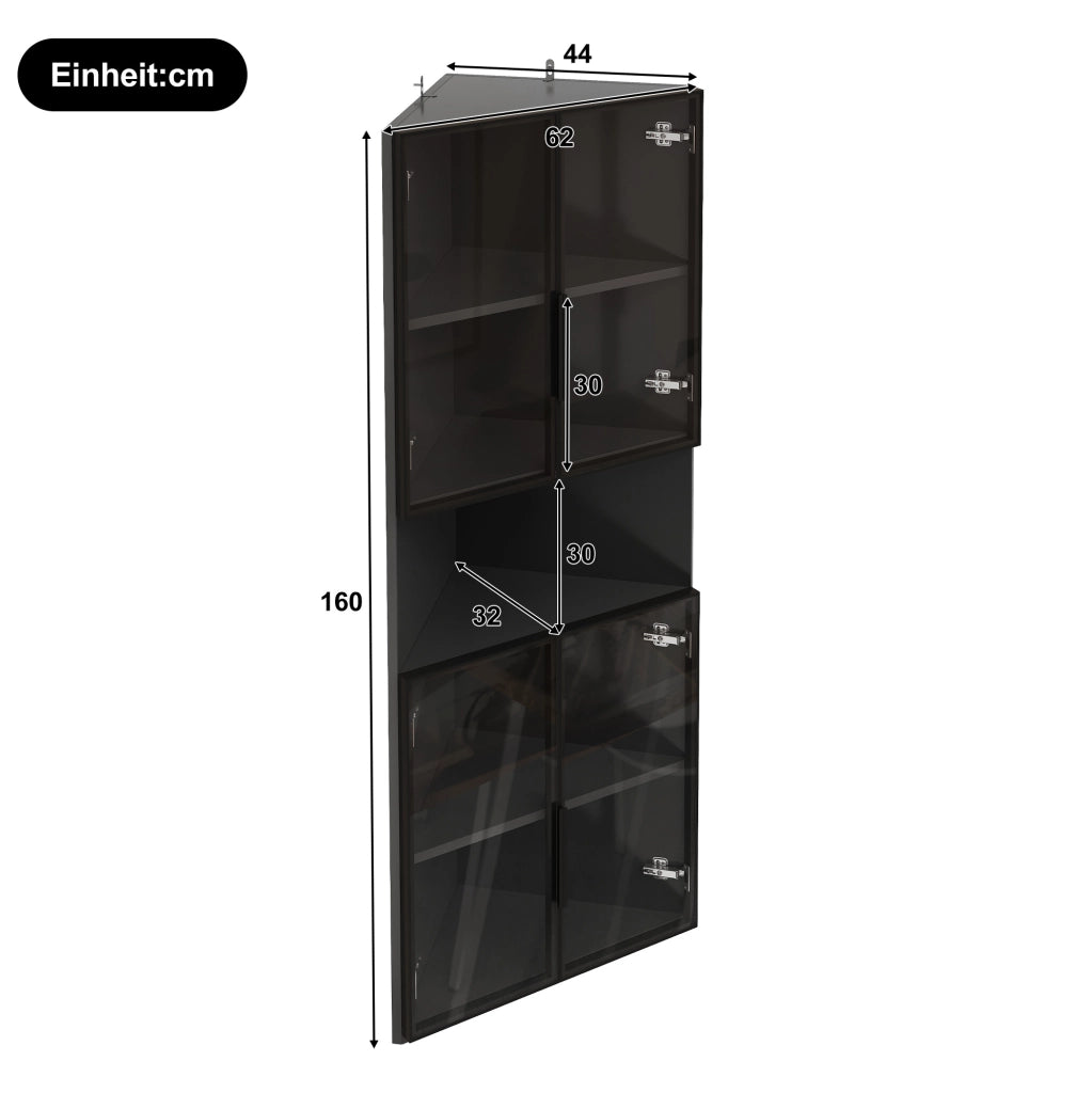 Vetrina angolare triangolare 62x32x160 cm in MDF nero con frontali in vetro e LED
