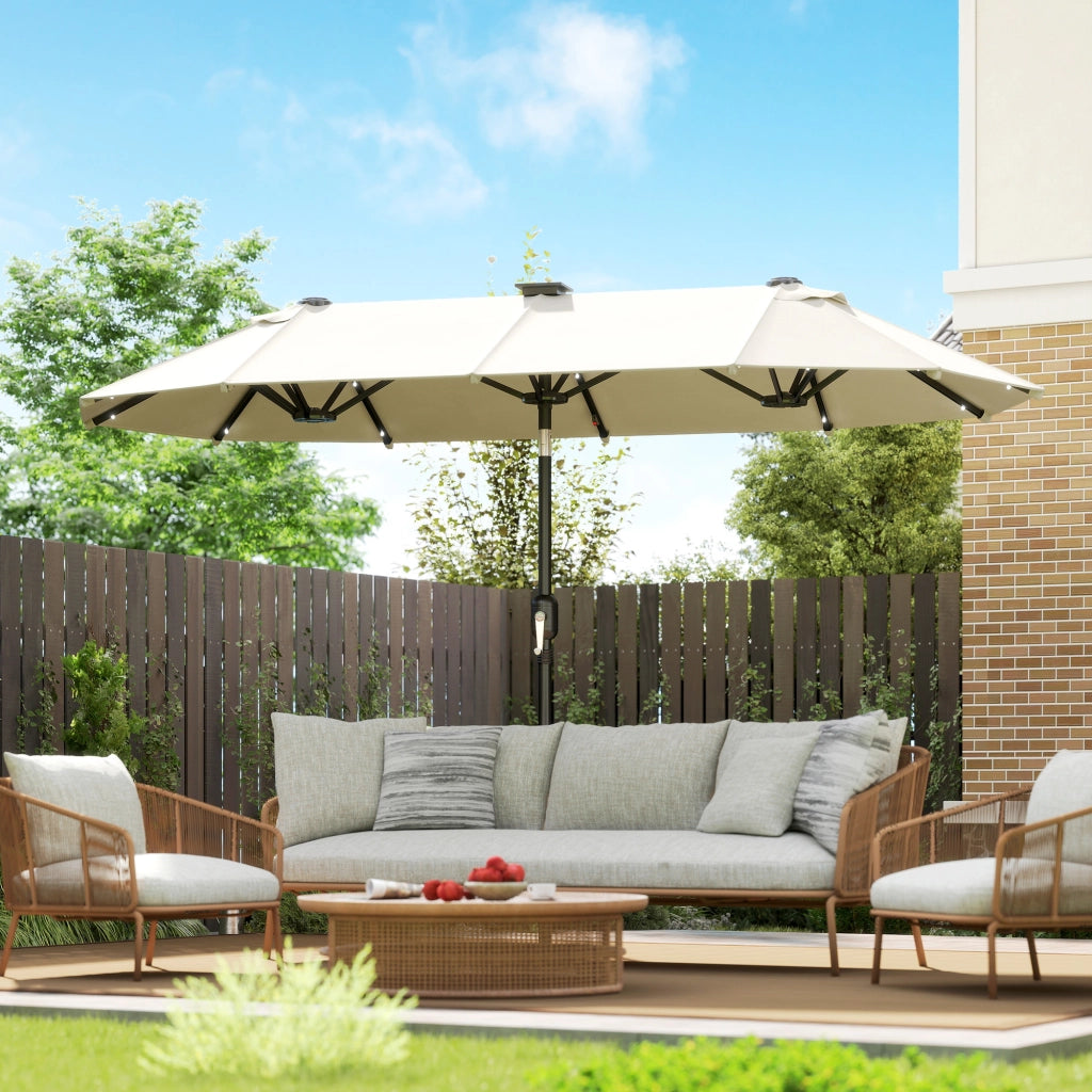 Ombrellone Doppio 292x150x220 cm con Luci LED e Manovella in Poliestere e Acciaio Beige