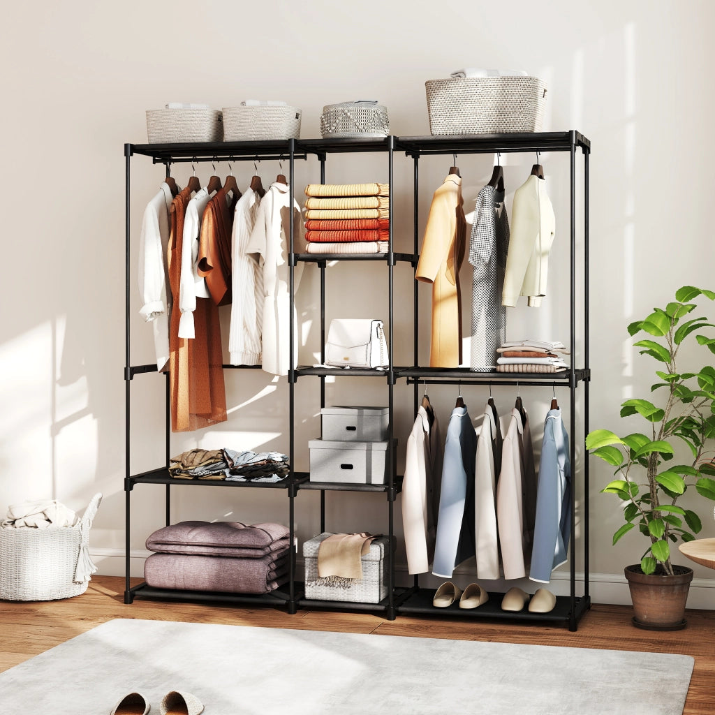 Armadio Guardaroba in Tessuto con 8 Ripiani e 3 Aste per Appendere, 182x43x185 cm, Nero