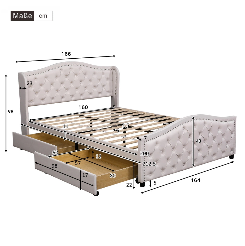 Letto imbottito 160x200 cm; stile Chesterfield con 2 cassetti; PU; bianco (Senza materasso)