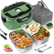 MULBEVD 3-in-1 elettrica borsa termica 100W - 2 x 1,5L contenitori in acciaio inossidabile con 0,45L distributore, 220V/12V/24V, borsa termica impermeabile, borsa termica per adulti con maniglia pieghevole, set di utensili (verde)