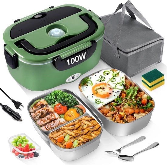 MULBEVD 3-in-1 elettrica borsa termica 100W - 2 x 1,5L contenitori in acciaio inossidabile con 0,45L distributore, 220V/12V/24V, borsa termica impermeabile, borsa termica per adulti con maniglia pieghevole, set di utensili (verde)