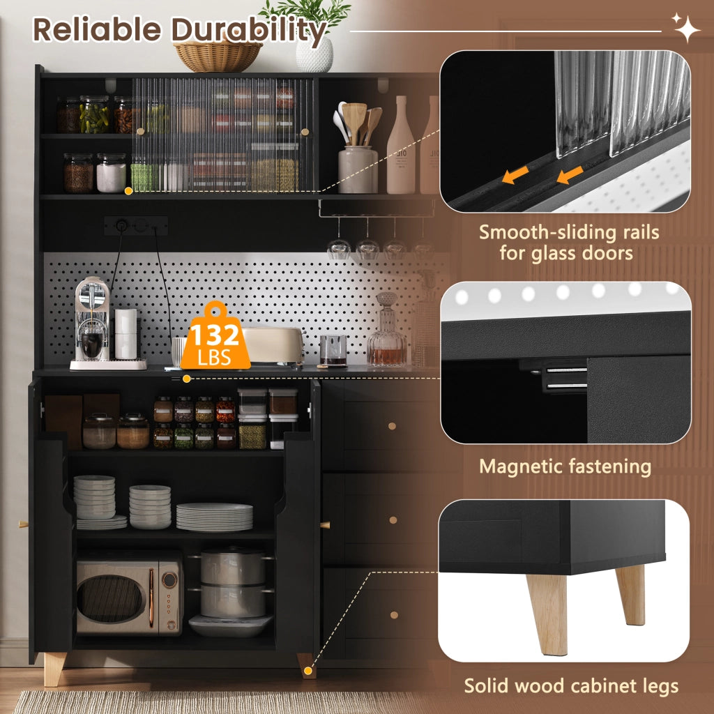 Credenza alta da cucina con 2 ante; 3 cassetti; ripiani regolabili; prese e portabicchieri; in MDF; 120 x 40 x 184 cm; nero