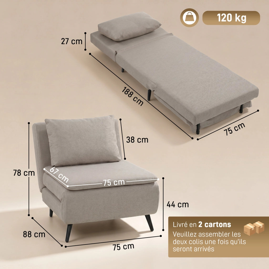Poltrona Letto Convertibile 1 Posto ¨C Xylo ¨C Schienale Regolabile con Cuscino, Tessuto Marrone Chiaro
