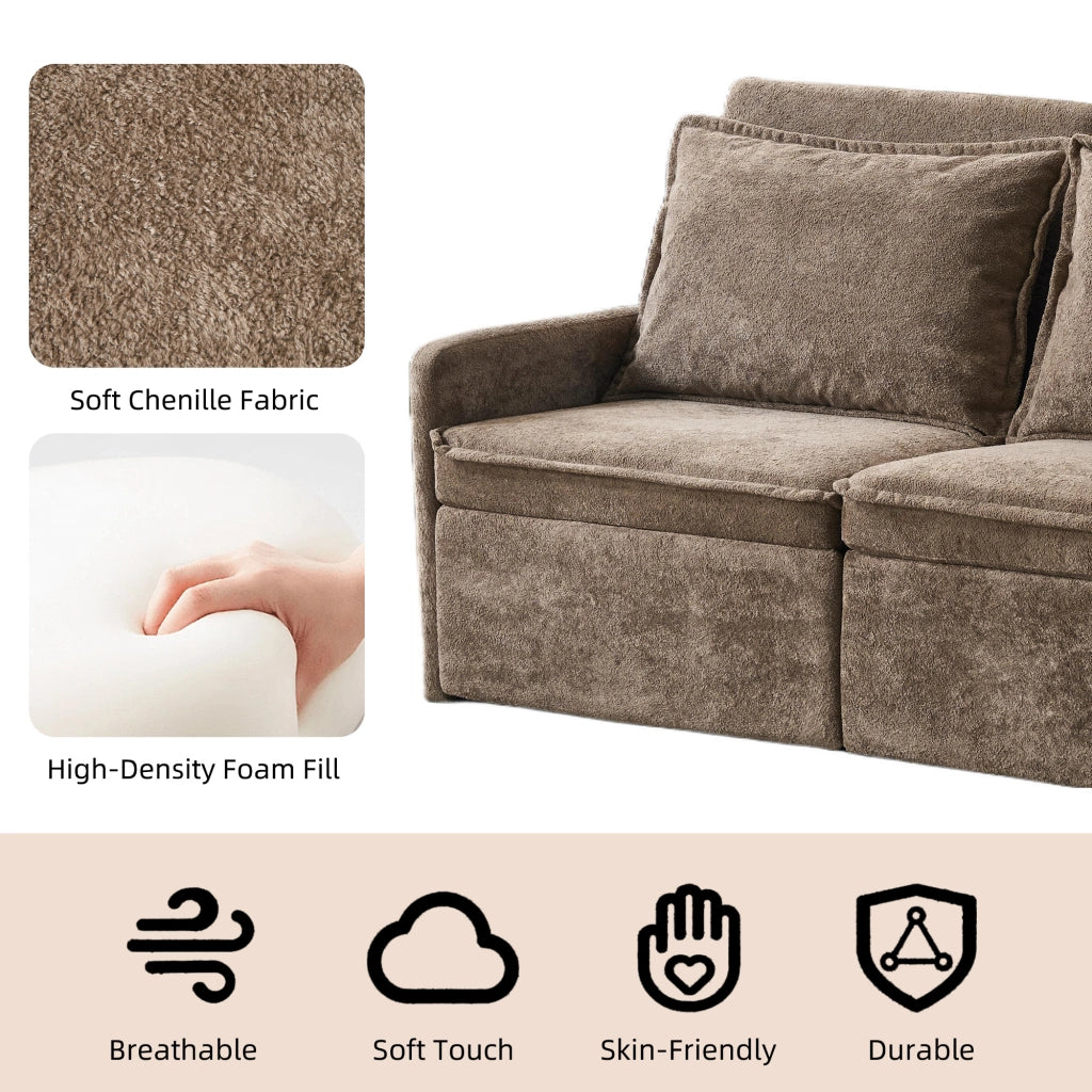 Divano letto 3 in 1 pieghevole con schienale regolabile a 5 livelli porta USB e tasche laterali in chenille marrone