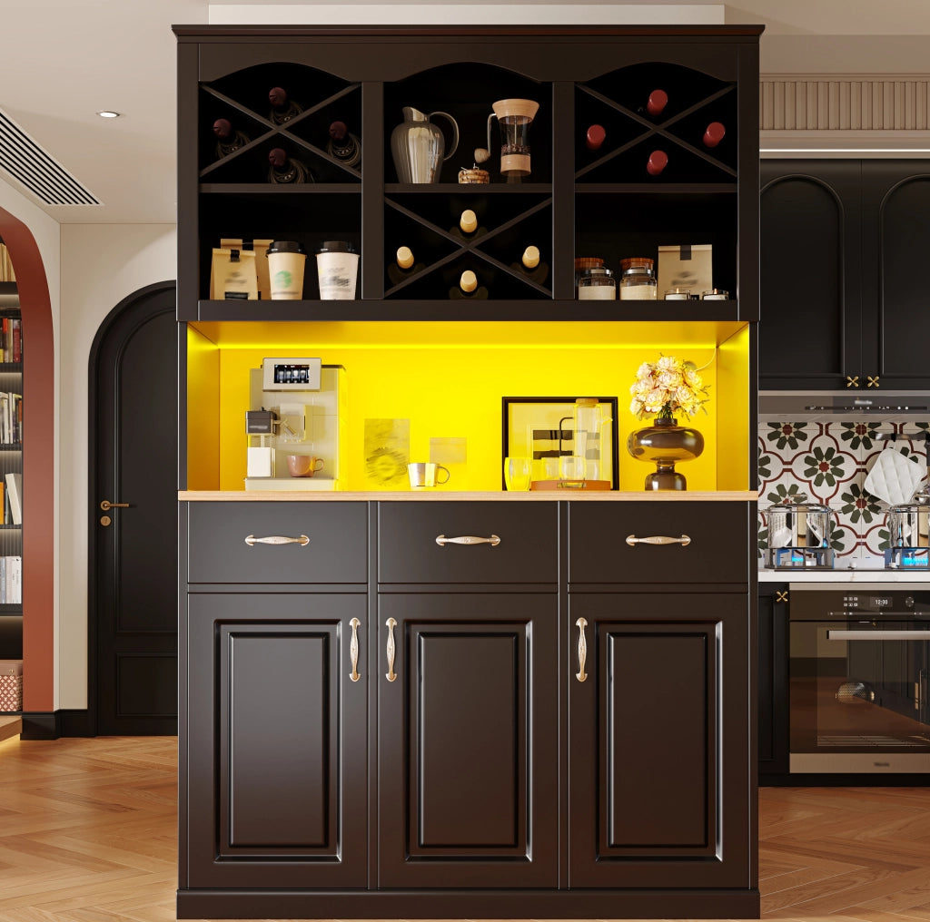 Credenza alta da cucina ULEVR 120x40x180 cm con 3 cassetti, ripiani regolabili e LED multicolore, nera