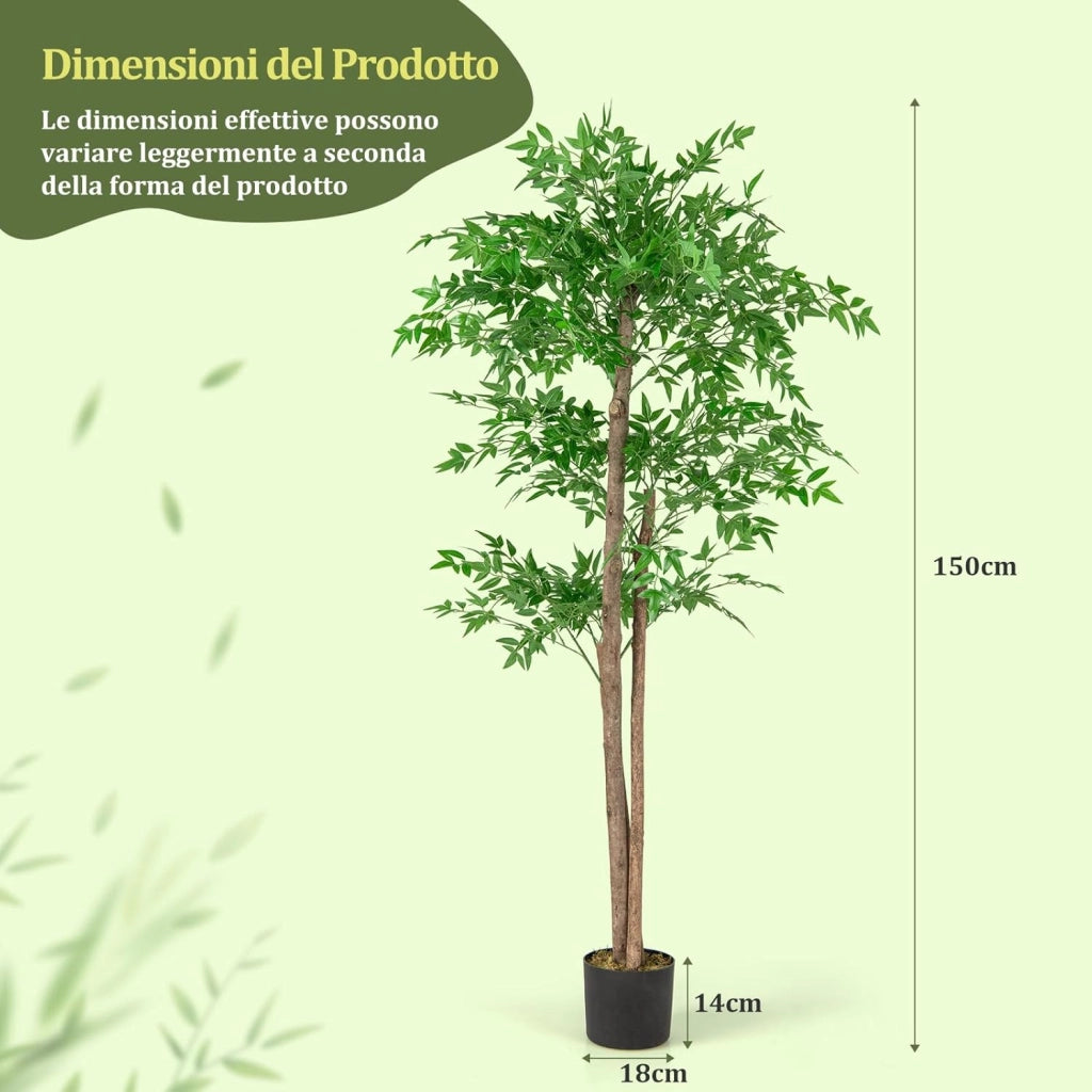 Albero di Bamboo Artificiale 150 CM, Pianta di Bamboo Finta con 1020 Foglie, Tronco in Legno Naturale, Muschio Secco Realistico, Albero Finto Alto da Interno per Casa, Ufficio e Soggiorno