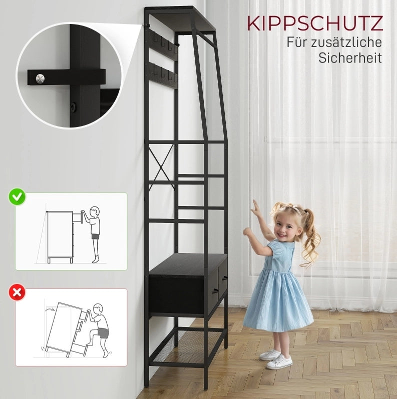 Appendiabiti da ingresso con scarpiera; 8 ganci; 2 cassetti in tessuto; nero; 80x30x180;5 cm