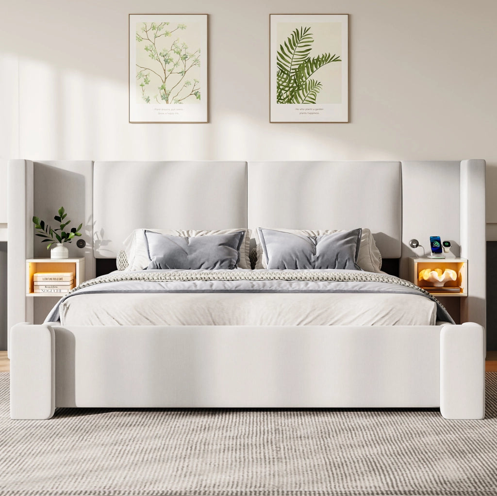 Letto matrimoniale contenitore 180x200 cm in lino beige con LED e comodini HAVRYA