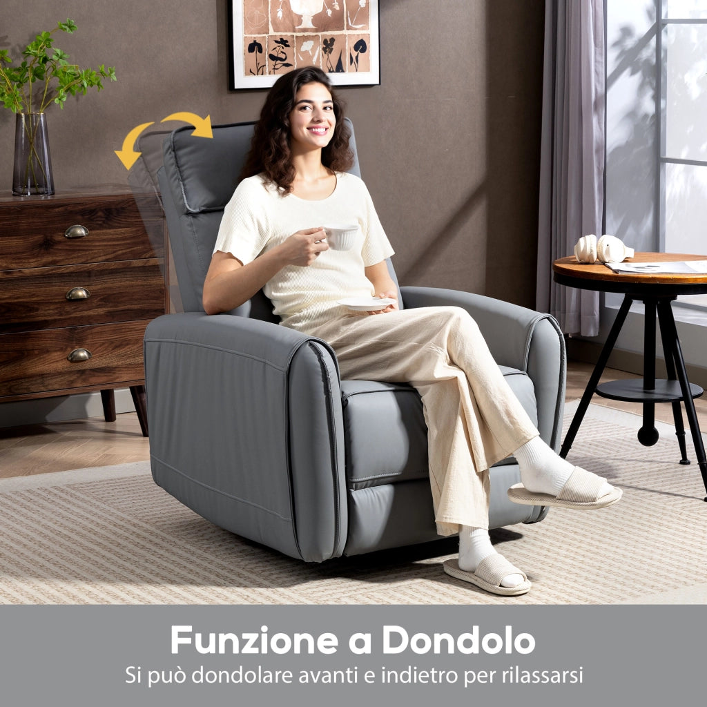 Poltrona Relax Reclinabile Manualmente con Poggiapiedi in Tessuto Effetto Pelle e Base Girevole Grigio
