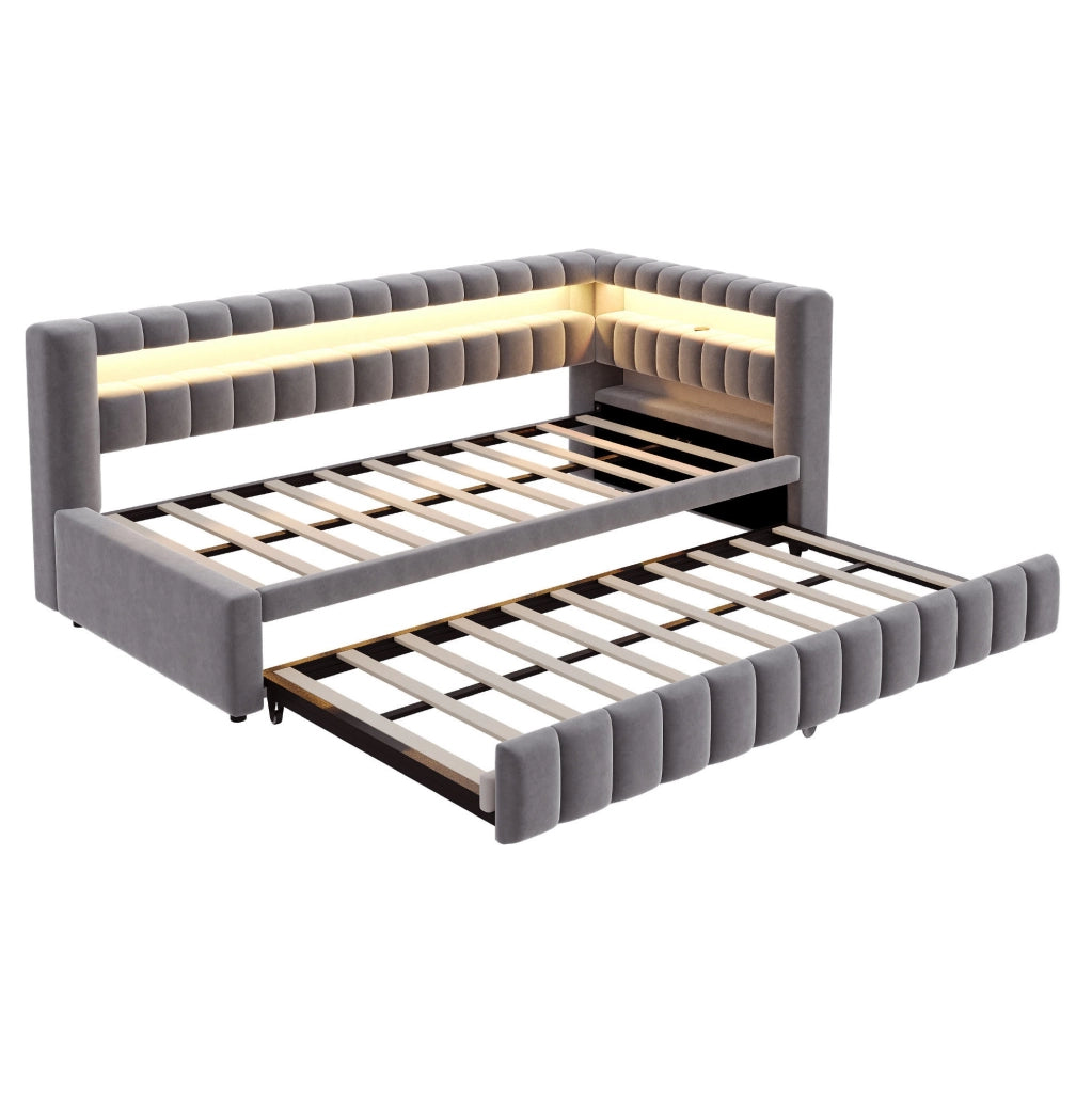 Divano letto 90x200 cm estraibile; con LED e porte USB; in velluto grigio