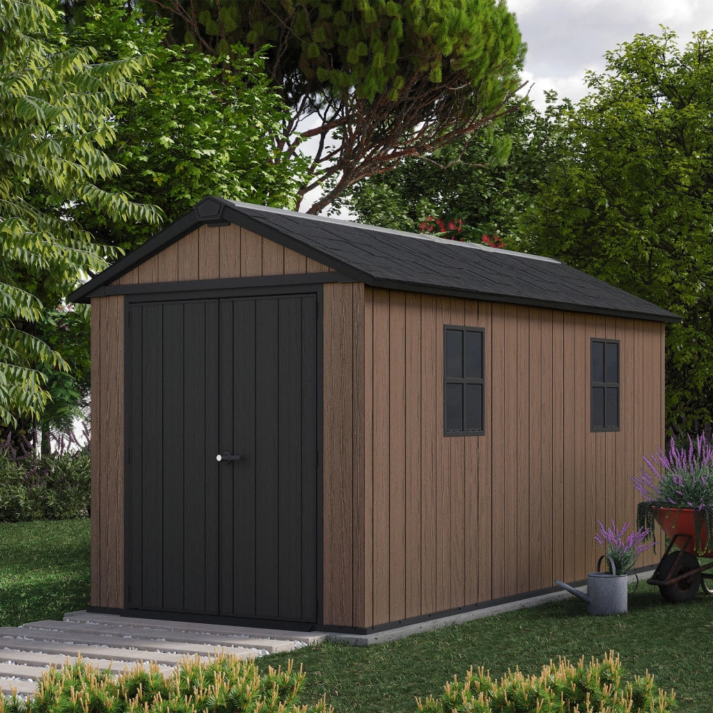 Newton + 7513/1375- Casetta da Giardino 413x246x230 cm 2 Ante per deposito attrezzi finitura effetto legno Evotech+ in Resina Marrone e Nero