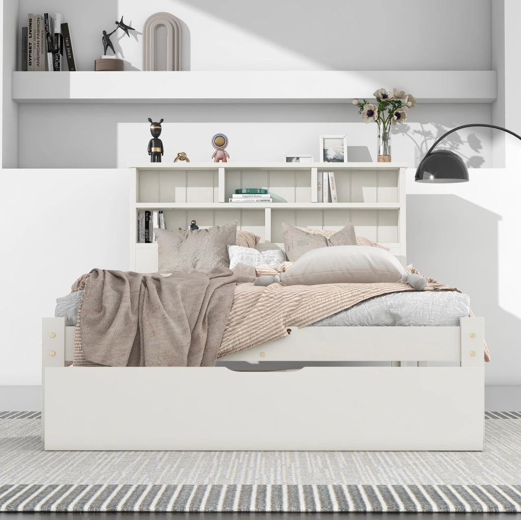 Letto singolo 90x200 cm con testiera a libreria e cassetti; in legno massello e MDF; bianco