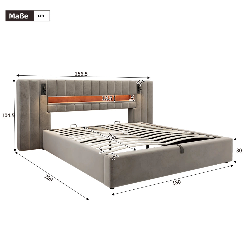 Letto matrimoniale contenitore 180x200 cm con USB; LED e lampada; velluto grigio (Senza materasso)