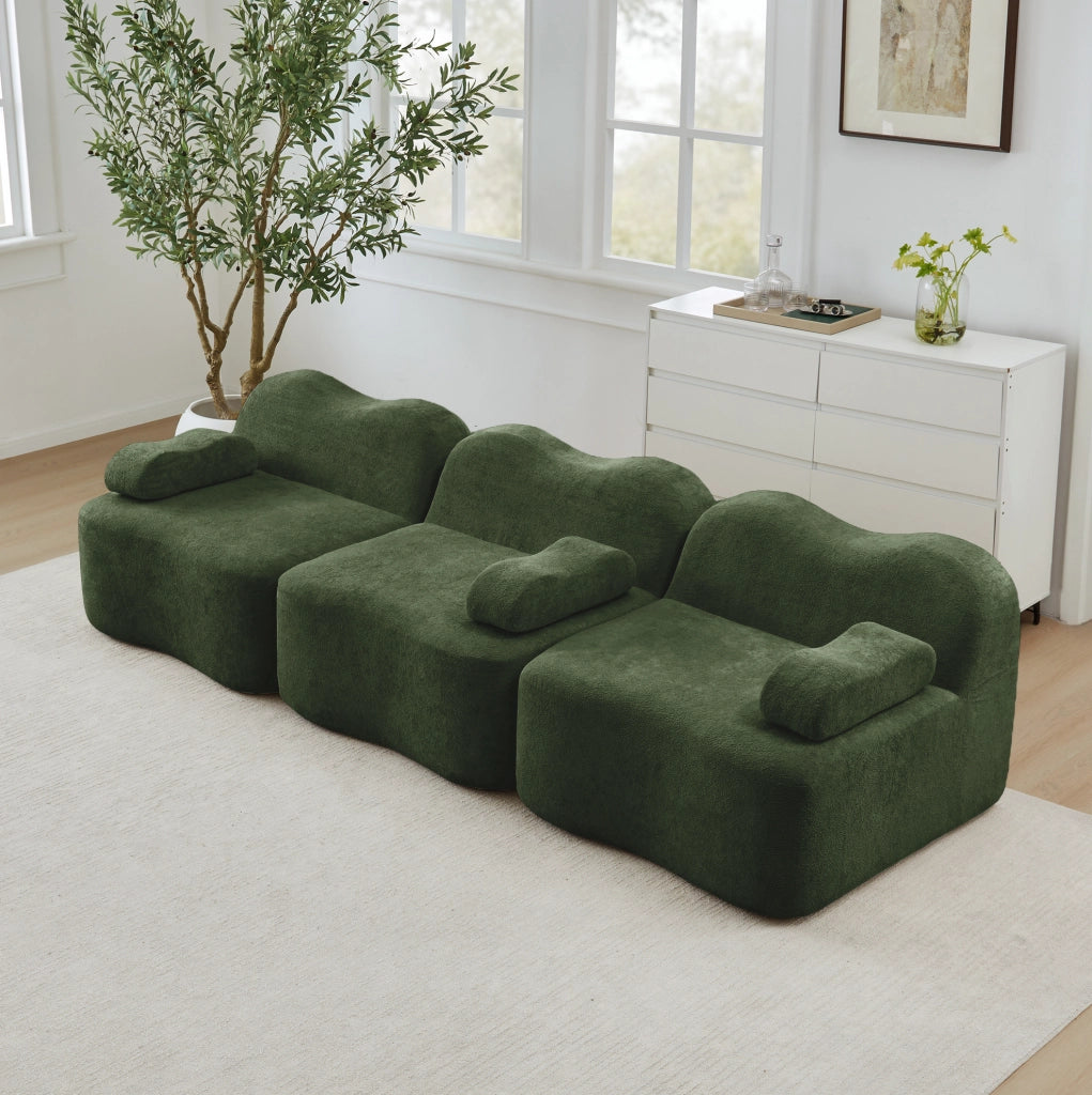 Divano modulare senza telaio 288x98x70 cm in velluto verde; seduta profonda