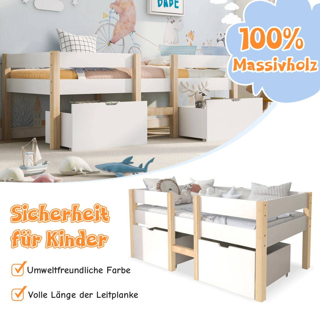 Letto bambino con cassetto e protezione anticasco in legno massello di pino bianco e rovere 90x190 cm