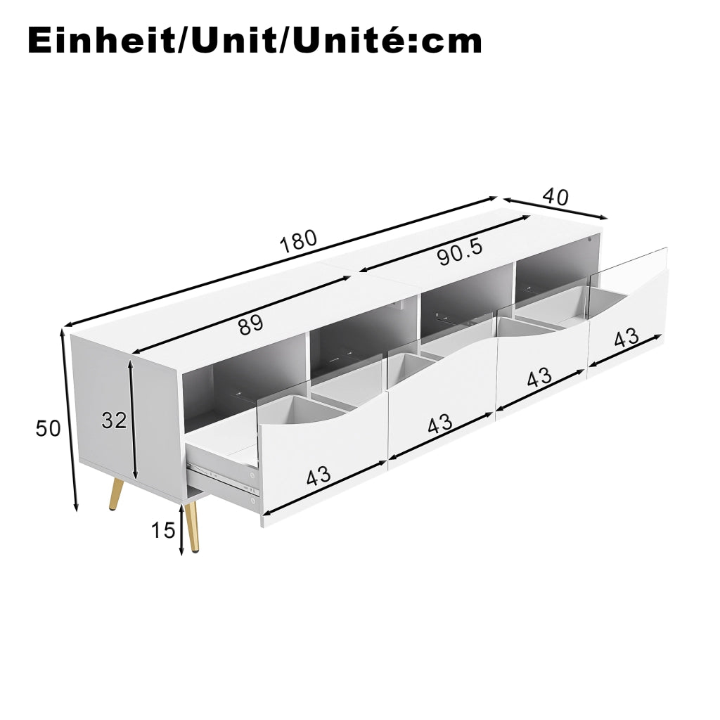 Mobile TV con LED Bluetooth; Frontali in Vetro; Piedini in Metallo Dorato e 2 Passacavi; in MDF; Bianco; 180??40??50 cm