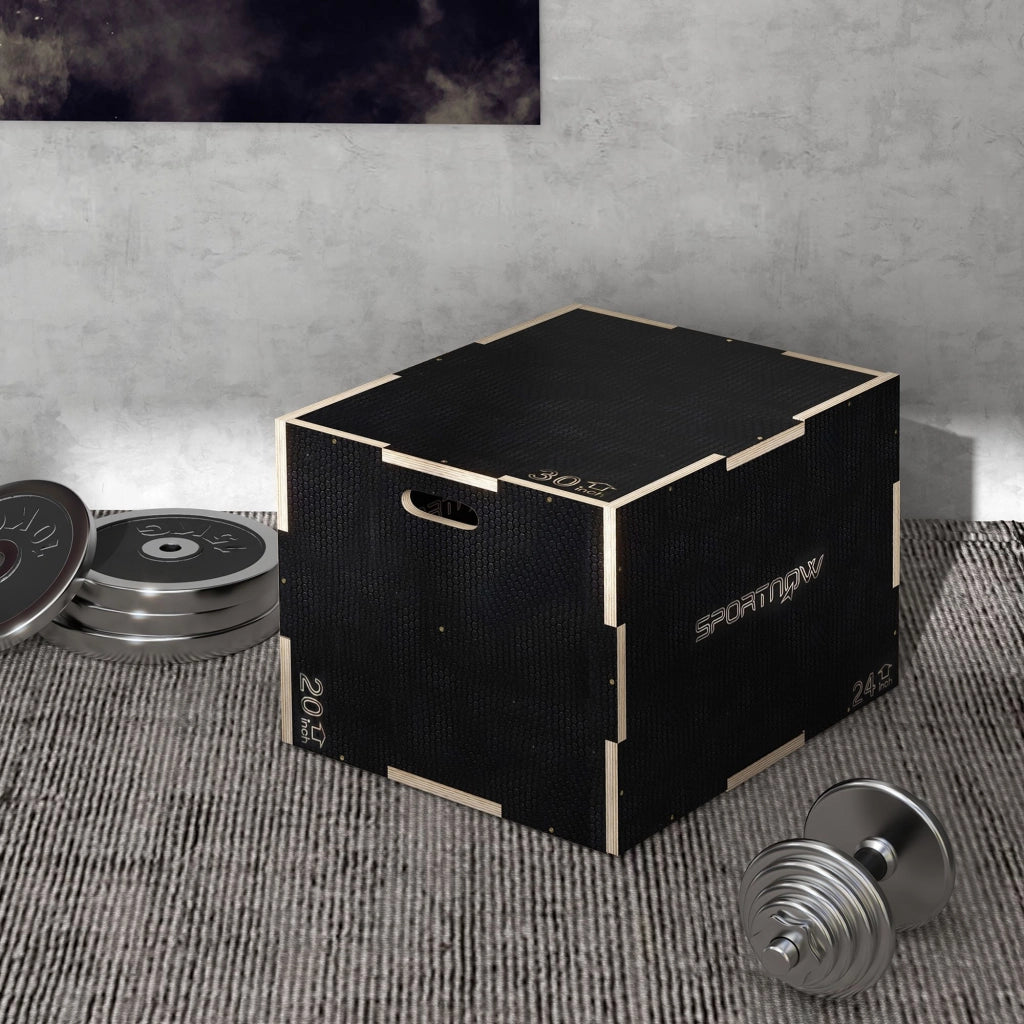 Box Jump Pliometrico a 3 Altezze in Legno Antiscivolo. 76-61-51cm. Nero