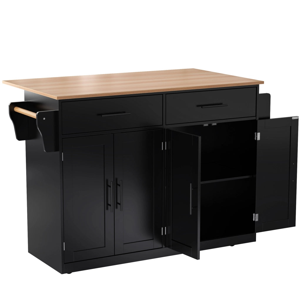 Isola da Cucina Mobile 120x46/70x91 cm Nera con Piano Ribaltabile; 2 Cassetti; Ruote e Gambe in Legno