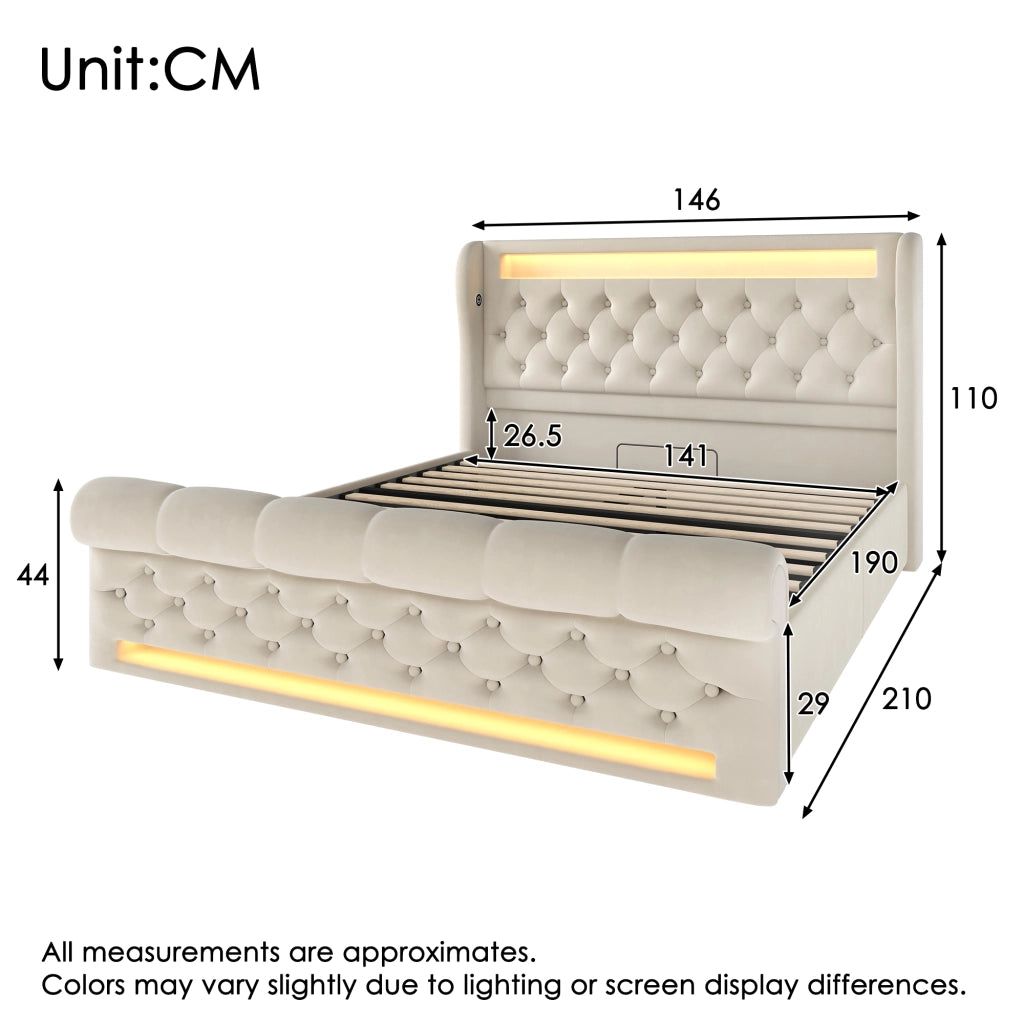 Letti contenitori 140x190 cm con LED; contenitore idraulico e USB Type C velluto beige (Senza materasso)