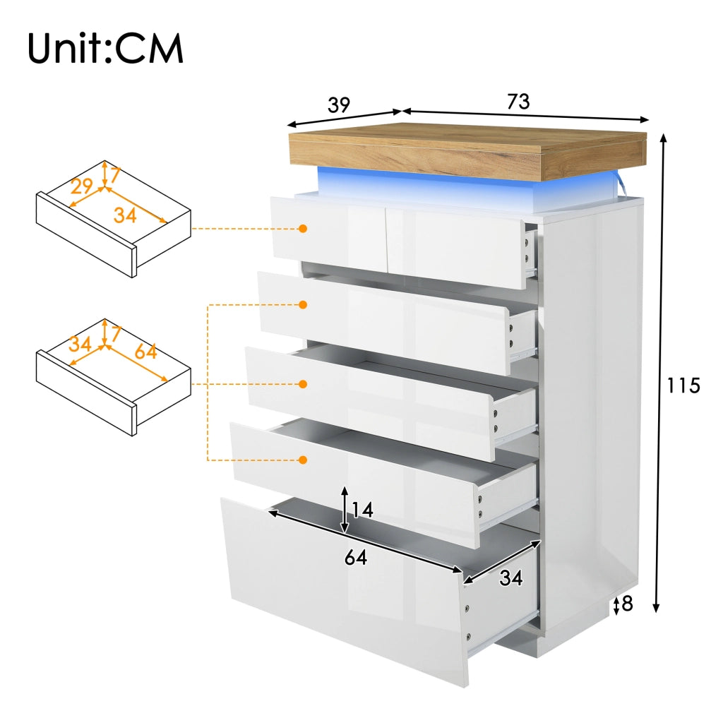 Cassettiera con 6 cassetti e LED con controllo touch e app; 115x73x39 cm; truciolare bianco
