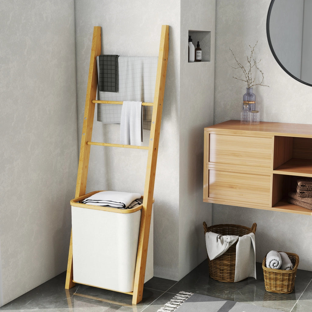 Mobile Bagno in Bamb¨´ con Cesto e Portasciugamani ¨C zephmum ¨C Crema 48L