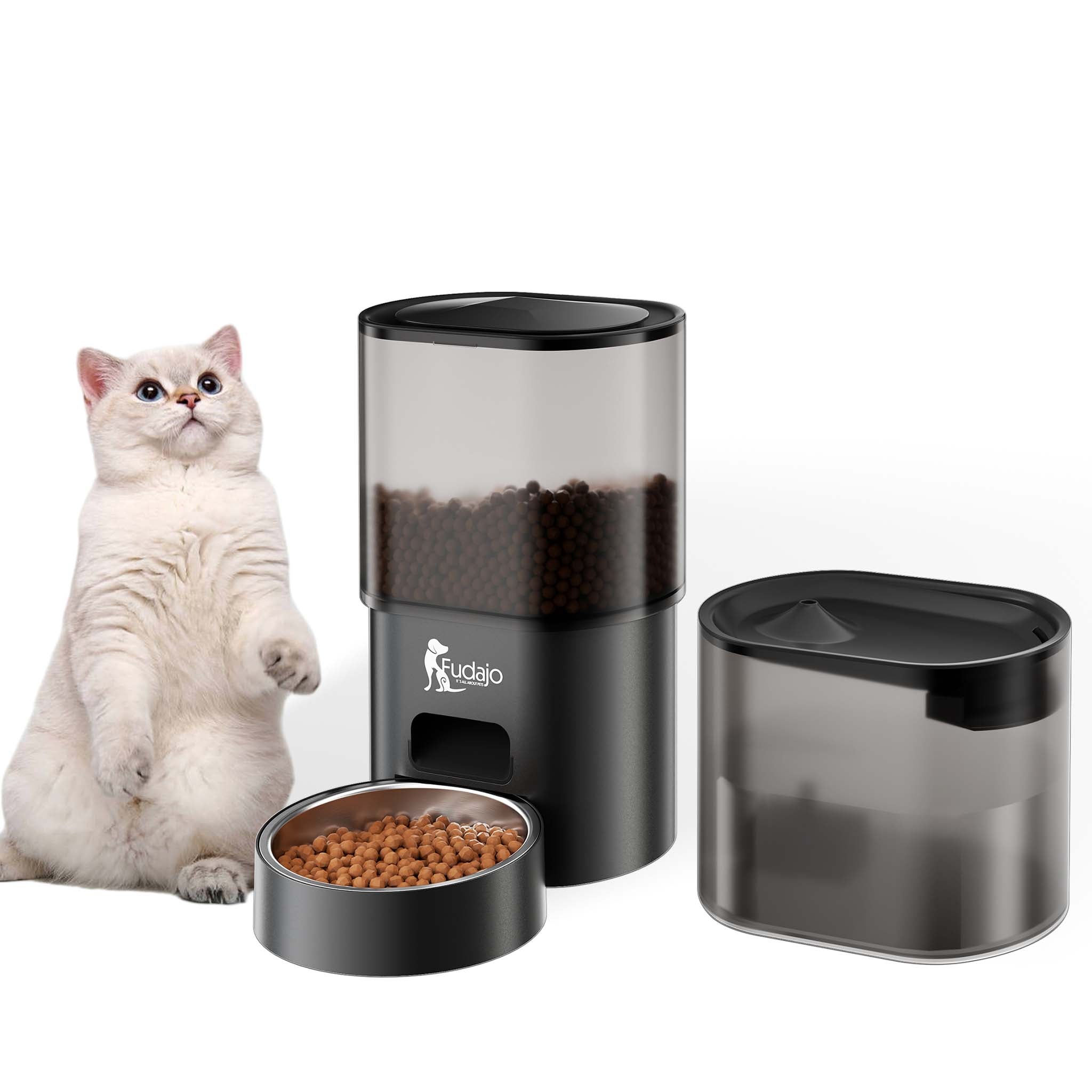 Fudajo Mangiatoia e abbeveratoio automatico per cani e gatti, distributore automatico di cibo da 3 litri e abbeveratoio da 2,5 litri, controllo mangime via app, colore nero
