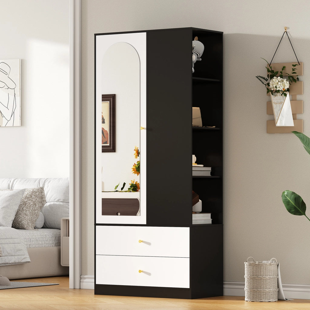 Armadio con specchio a 1 anta, 2 cassetti e 4 vani aperti, per camera e ingresso, bianco e nero, 80 × 40 × 180 cm